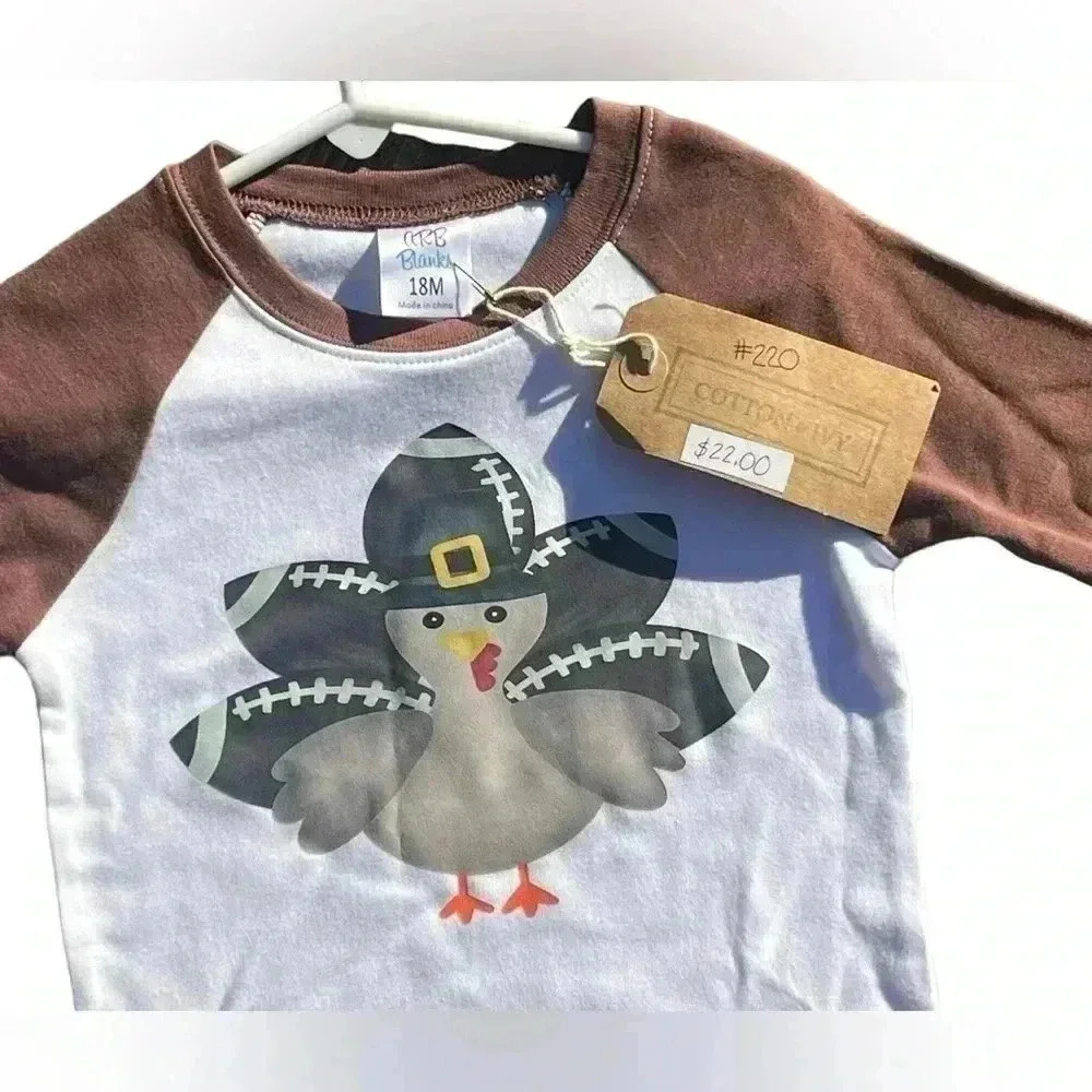 ARB Blanks Brown 3/4 Raglan with Football Thanksgiving Turkey. Size 18m. NWT‎